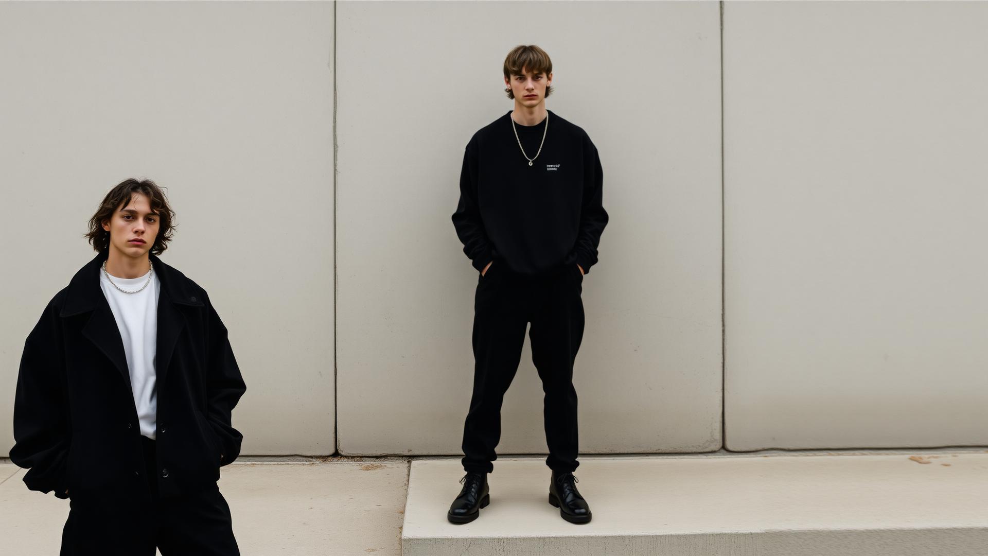 Two models in FORGE outerwear against a concrete wall