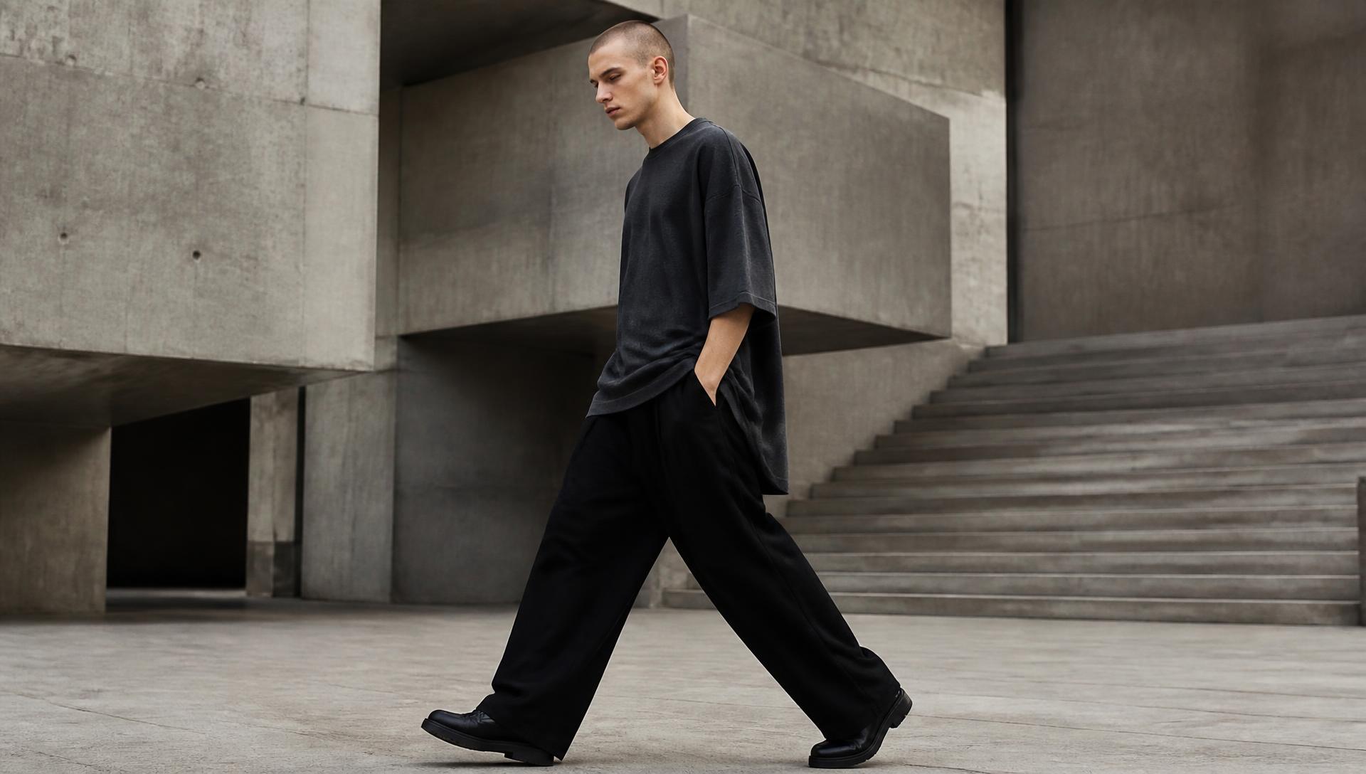 FORGE campaign — model walking in an oversized charcoal tee through concrete architecture